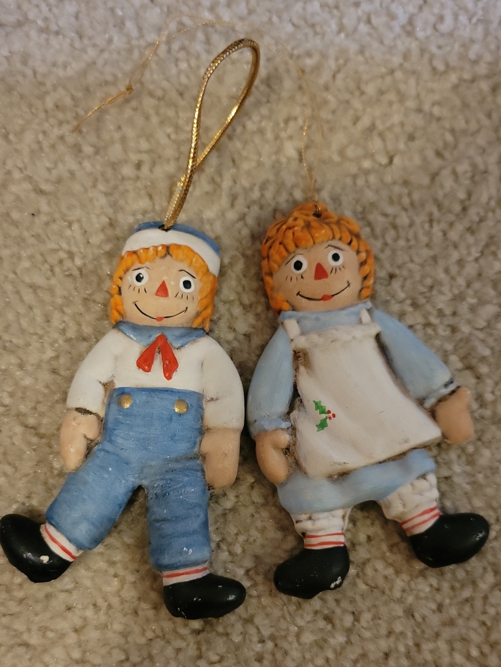 vintage ceramic Raggedy Ann and Andy ornaments